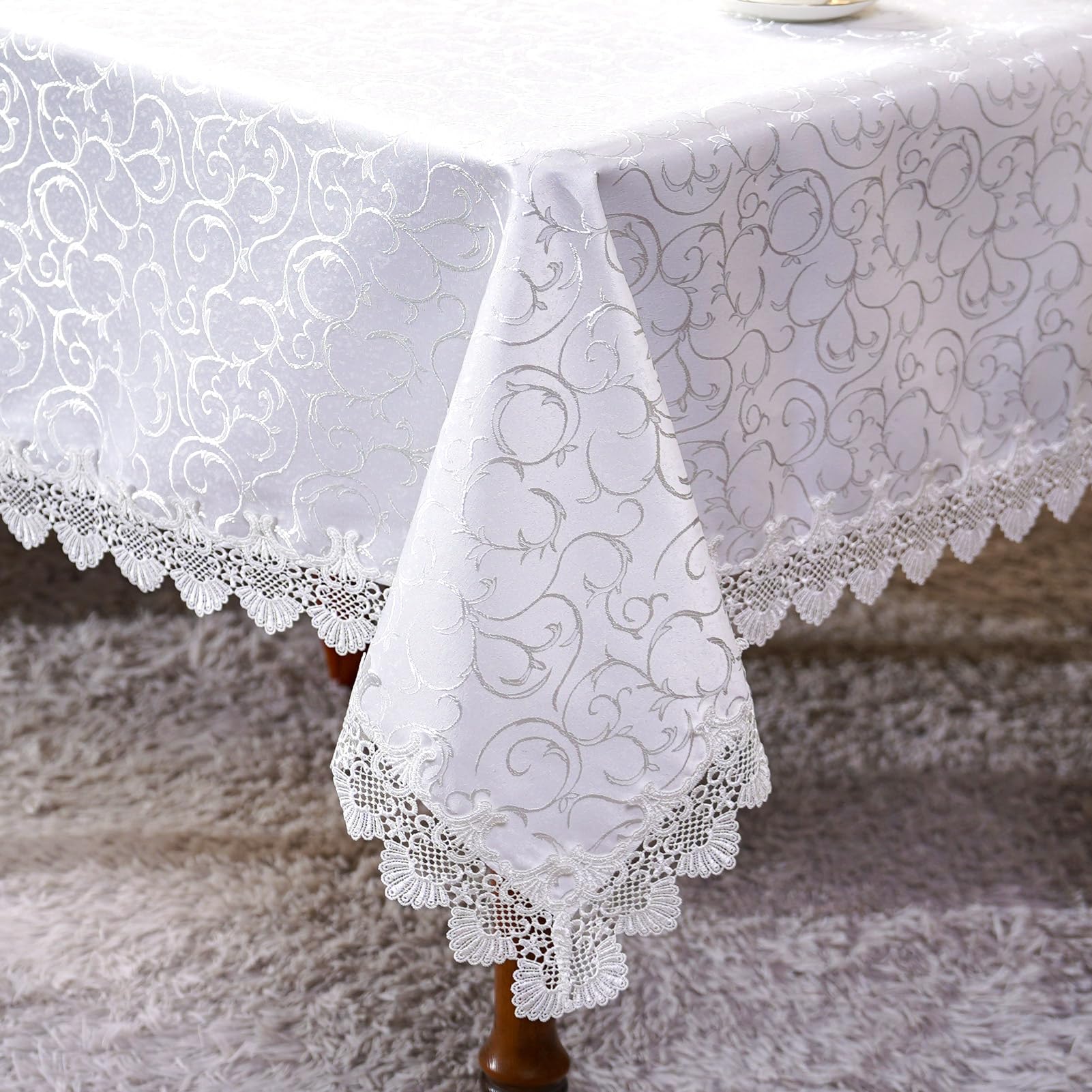 White Round Tablecloth Jacquard Table Cloth with Exquisite Lace Border Farmhouse Tablecloths Fall for Dining Wedding Coffee Outdoor Indoor Party Holiday Tabletop Use (White, 70 Inches Round)